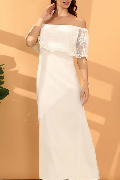 Special Occasion Lace Patched Off the Shoulder Bow Tied Waist Maxi A-line Dress in White