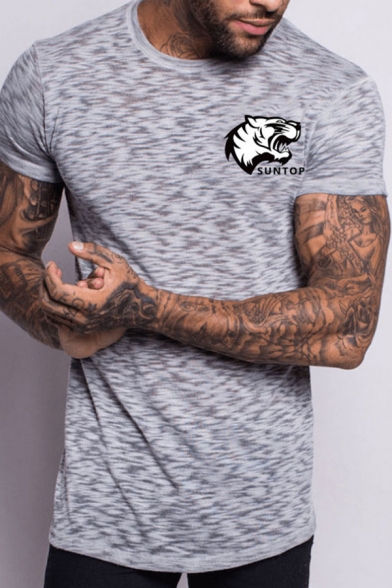 Stylish Animal Letter Suntop Print Round Neck Short Sleeve Slim Fitted Graphic Tee Top for Men