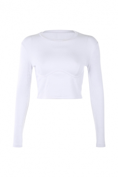 Stylish Ladies Plain Long Sleeve Crew Neck Knitted Fit Cropped Tee in White