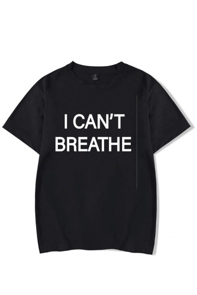 Stylish Letter I Can't Breathe Printed Short Sleeve Crew Neck Relaxed Tee Top in Black