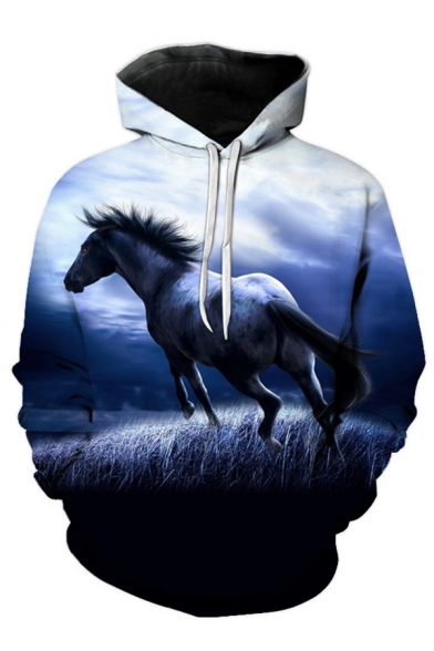 Stylish Mens 3D Horse Printed Pocket Drawstring Long Sleeve Regular Fit Hooded Sweatshirt