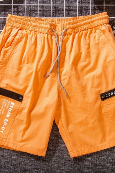 Stylish Shorts Letter Ethan Print Zipper Drawstring Waist Pocket Regular Fit over the Knee Length Sweat Shorts for Men