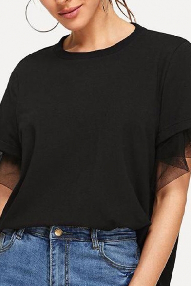 Stylish Womens Black Sheer Panel Short Sleeve Crew Neck Loose Fit T Shirt