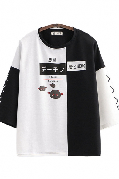Stylish Womens Japanese Letter Demon Graphic Colorblock 3/4 Sleeve Crew Neck Loose T Shirt in Black and White