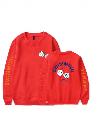 Trendy Mens Dice Letter Swimming by Mac Miller Printed Pullover Long Sleeve Round Neck Regular Fit Graphic Sweatshirt