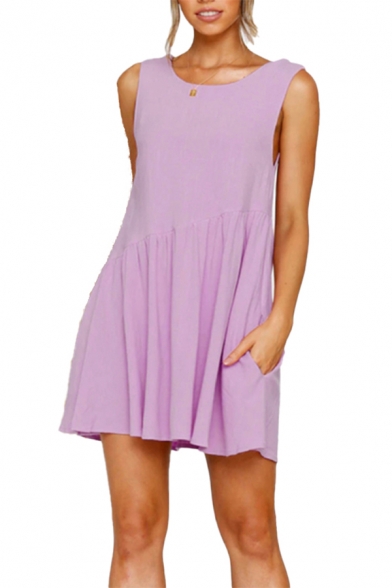 Trendy Solid Color Sleeveless Round Neck Cut out Back Short Swing Tank Dress for Ladies