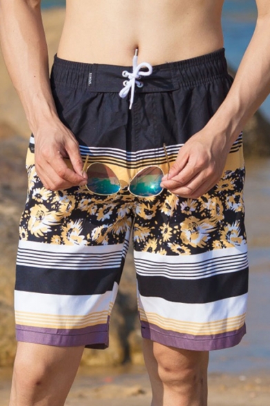 Unique Mens Color Block Floral Print Drawstring Knee Length Regular Fit Shorts with Pocket