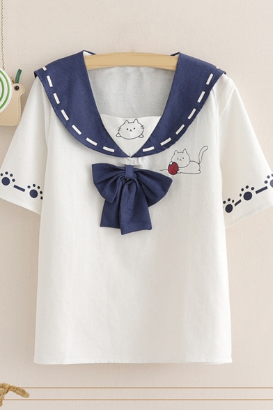Womens Stylish Cartoon Cat Printed Front Bow Sailor Collar Short Sleeve Regular Fit Tee