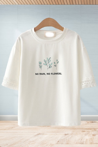 Basic Womens Letter No Rain No Flowers Graphic Short Sleeve Crew Neck Relaxed Fit Tee Top