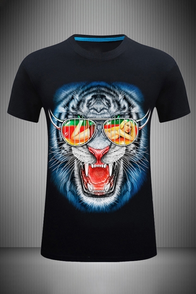 Black Stylish 3D Tiger Figure Printed Slim Fitted Short Sleeve Crew Neck Tee Top for Men