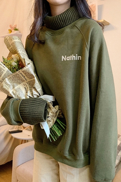 Boyfriend Style Sherpa Liner Letter Nathin Print Long Sleeve Turtle Neck Knitted Patched Oversize Pullover Sweatshirt for Women