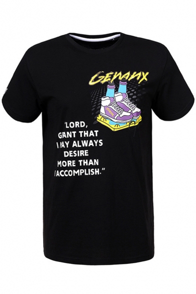 Cartoon Shoes Letter Genanx Graphic Short Sleeve Crew Neck Loose Fashion T-shirt for Guys