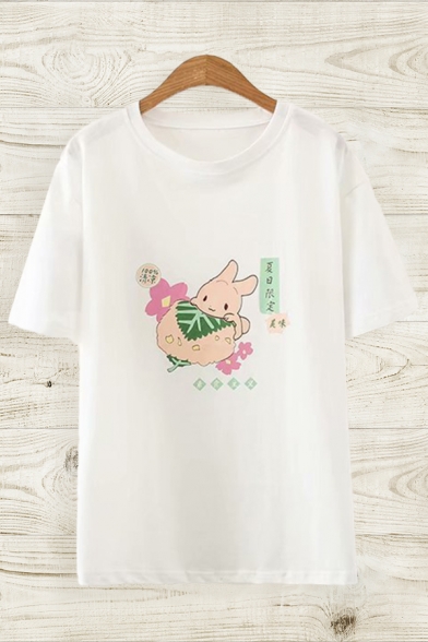 Casual Girls Cartoon Rabbit Graphic Short Sleeve Crew Neck Relaxed Fit Tee Top