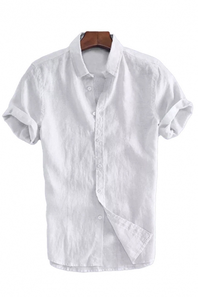 Casual Men's Solid Color Short Sleeve Spread Collar Regular Fitted Shirt
