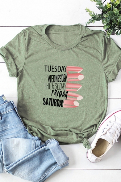 Casual Womens Letter Tuesday Lipstick Graphic Rolled Short Sleeve Crew Neck Fitted T Shirt