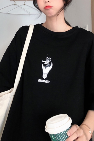 Chic Letter Eeriner Astronaut Print Half Sleeve Crew Neck Loose Fit Graphic T-shirt for Girls