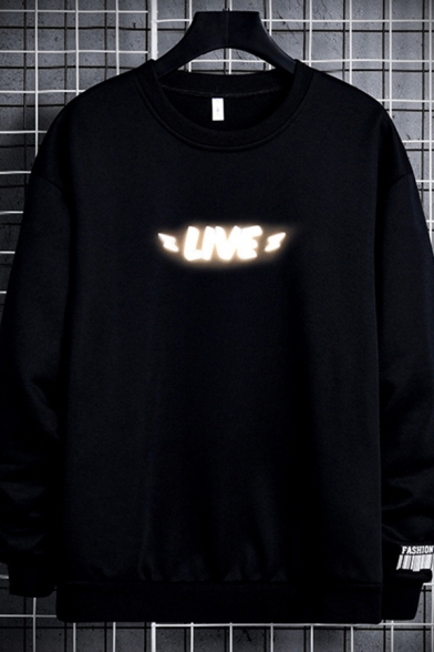 Chic Pullover Sweatshirt Letter Live Printed Round Neck Cuffed Long Sleeve Regular Fit Pullover Sweatshirt for Men
