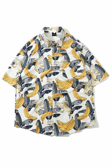 Cool Mens All over Banana Pattern Button down Pocket Point Collar Short Sleeve Oversize Shirt
