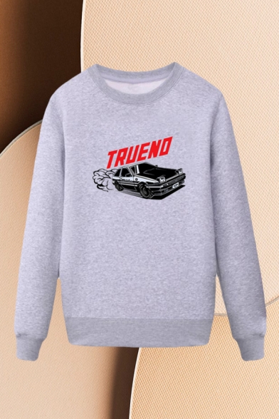 Cool Mens Car Pattern Letter Truend Pullover Long Sleeve Round Neck Regular Fit Graphic Sweatshirt
