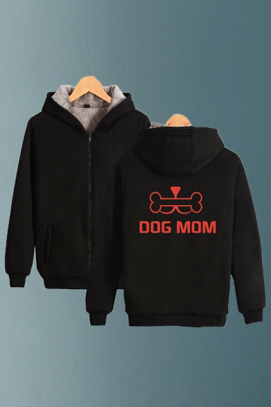 Cool Mens Letter Dog Mom Bone Graphic Long Sleeve Zip up Sherpa Liner Relaxed Hoodie