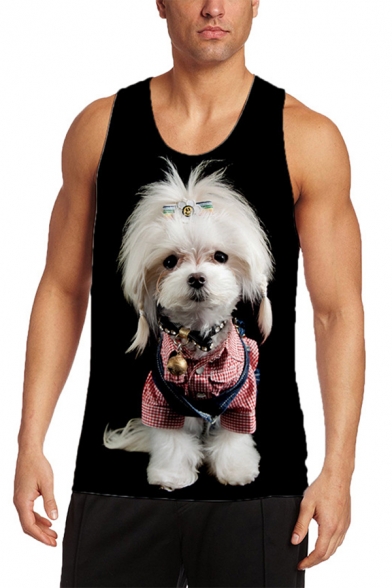 Cool Mens Tank Top 3D Dog Printed Slim Fitted Sleeveless Crew Neck Tank Top