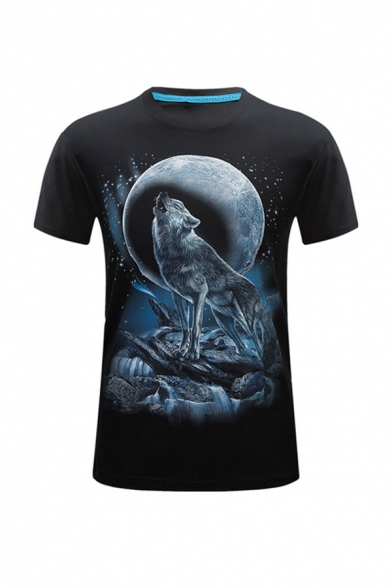 Creative Mens 3D Wolf Moon Pattern Round Neck Short Sleeve Fitted T-Shirt