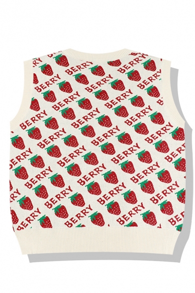 Cute Girls' Sleeveless V-Neck BERRY Letter Strawberry Pattern Baggy Purl Knit Pullover Sweater Vest in Beige
