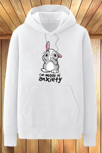 Dressy Cartoon Rabbit Letter I Am Made of Anxiety Printed Pocket Drawstring Long Sleeve Regular Fit Graphic Hoodie for Men