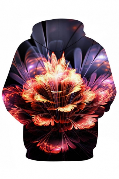 Dressy Mens 3D Floral Pattern Pocket Drawstring Long Sleeve Regular Fit Hooded Sweatshirt
