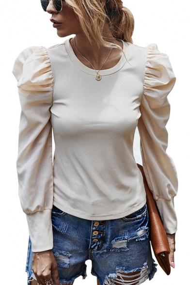 Fancy Womens Solid Color Puff Sleeve Crew Neck Slim Fit Tee Top