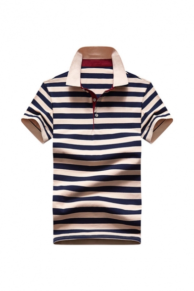 Fashion Men's Polo Shirt Striped Pattern Button Turn down Collar Short Sleeve Regular Fitted Polo Shirt
