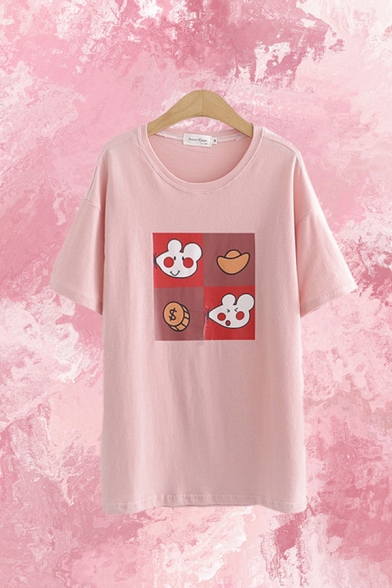 Fashionable Womens Pink Cartoon Rabbit Printed Short Sleeve Crew Neck Long Loose Fit T Shirt