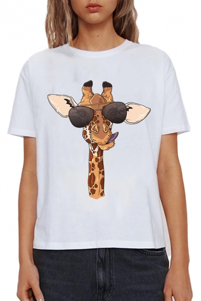 Funny Giraffe Print Short Sleeve Crew Neck Regular Fit Summer T Shirt for Women