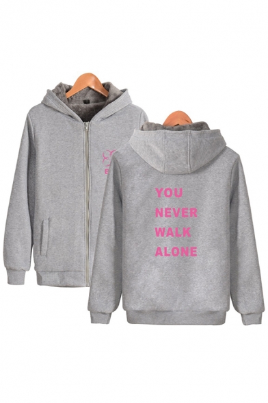 Leisure Sherpa Liner Letter You Never Walk Alone Printed Long Sleeve Zipper Front Relaxed Hoodie for Guys