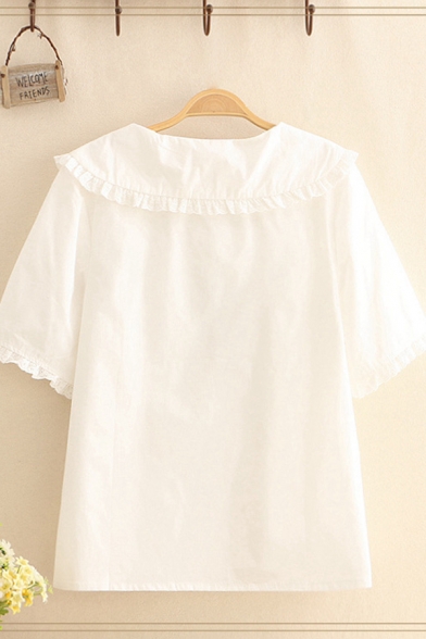Girls Bear Embroidery Stringy Selvedge Short Sleeve Collar Relaxed Shirt in White