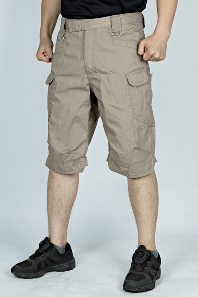 Mens Casual Shorts Solid Color Zipper Buckled Longline Regular Fit Cargo Shorts with Flap Pockets