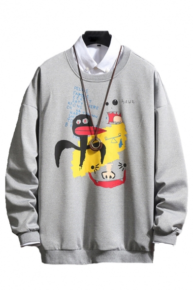 Mens Pullover Sweatshirt Creative Graffiti Cartoon Letter Pattern Cuffed Long Sleeve Regular Fit Crew Neck Graphic Pullover Sweatshirt