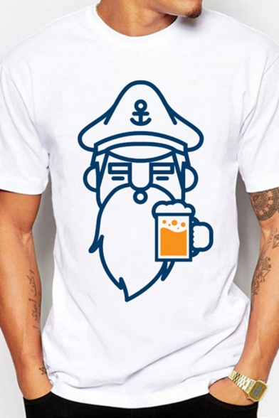 Mens White T-Shirt Creative Figure Beer Printed Crew Neck Short Sleeve Regular Fitted T-Shirt