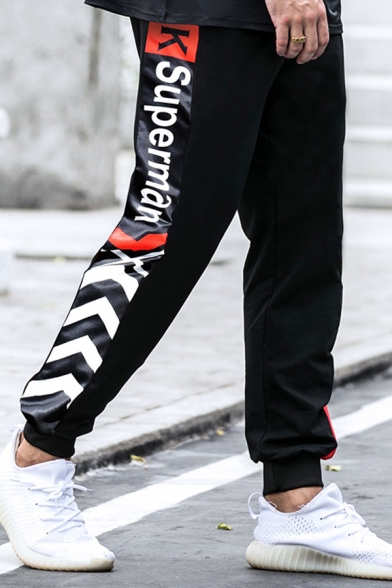 Novelty Mens Chevron Letter Superman Pattern Cuffed Drawstring Ankle Length Tapered Fit Jogger Pants