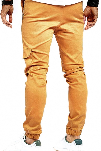 Popular Mens Solid Color Flap Pocket Drawstring Cuffed Mid Rise 7/8 Length Slim Fitted Jogger Pants
