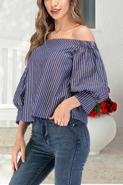Popular Stripe Printed Blouson Sleeve Off the Shoulder Loose Fit T Shirt in Dark Blue