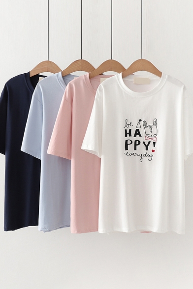 Preppy Girls Letter Happy Cartoon Cat Embroidered Short Sleeve Crew Neck Relaxed Tee