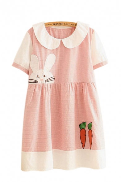 Preppy Looks Rabbit Carrot Embroidered Contrasted Short Sleeve Peter Pan Collar Short Pleated Swing Dress