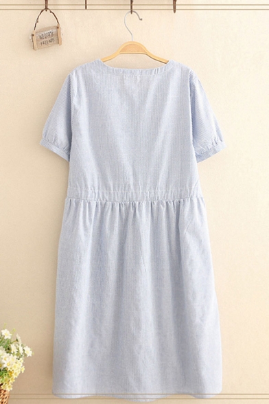 Pretty Blue Mixed Cartoon Embroidered Striped Printed Short Sleeve Round Neck Drawstring Waist Short Pleated Swing Dress for Girls