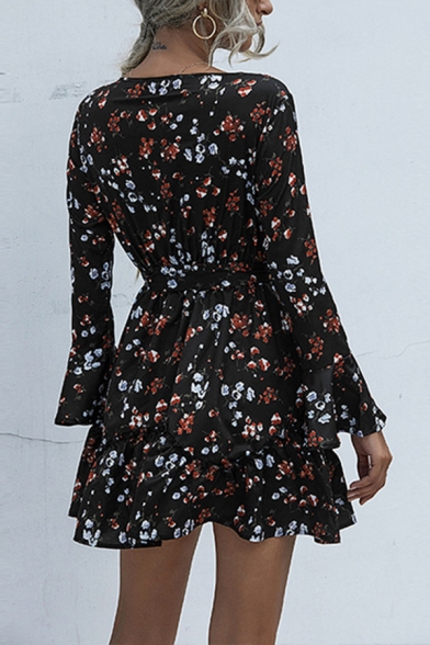 Pretty Ditsy Floral Printed Long Sleeve V-neck Ruffled Trim Bow Tied Waist Short A-line Dress for Women