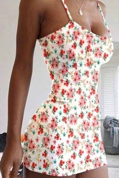 Sexy Girls Ditsy Floral Printed Spaghetti Straps Mini A-line Cami Dress