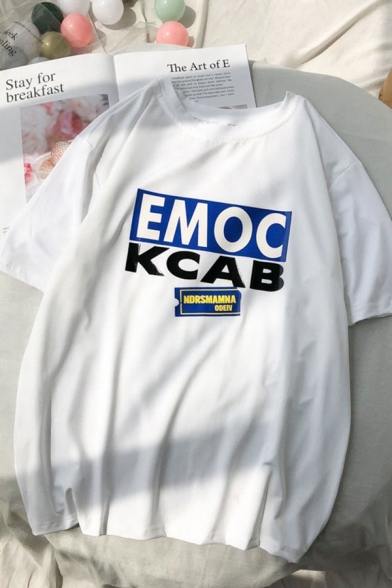 Simple Letter Emoc Kcab Ndrsmamna Odeiv Printed Short Sleeve Round Neck Regular Fitted T-Shirt for Men
