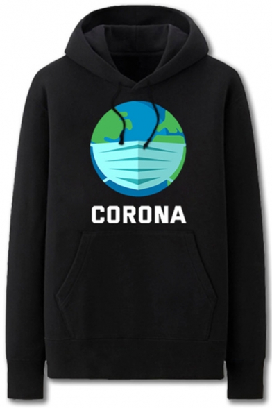 Simple Mens Earth Mask Pattern Letter Corona Pocket Drawstring Long Sleeve Regular Fit Graphic Hooded Sweatshirt