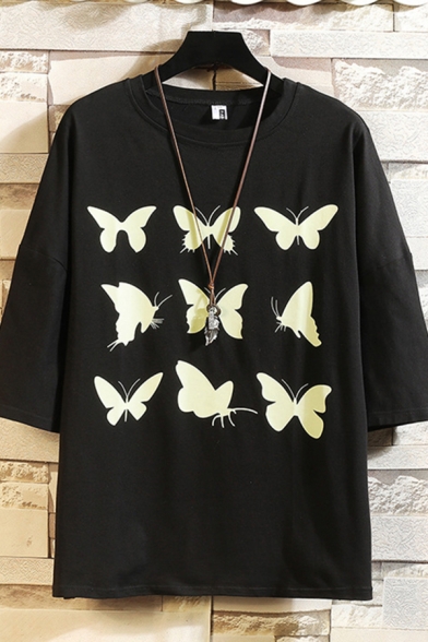 Stylish Mens Tee Top Butterfly Printed Fitted Round Neck 3/4 Sleeve Tee Top
