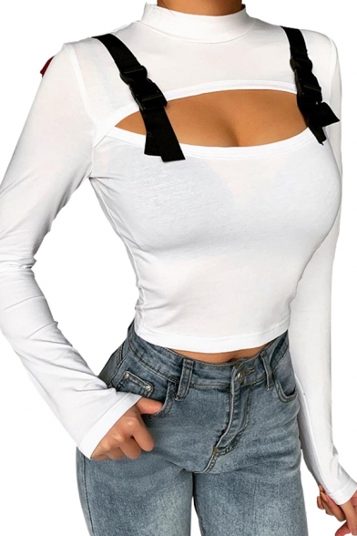 Stylish Womens White Long Sleeve Mock Neck Cut out Buckle Straps Fit Crop T Shirt
